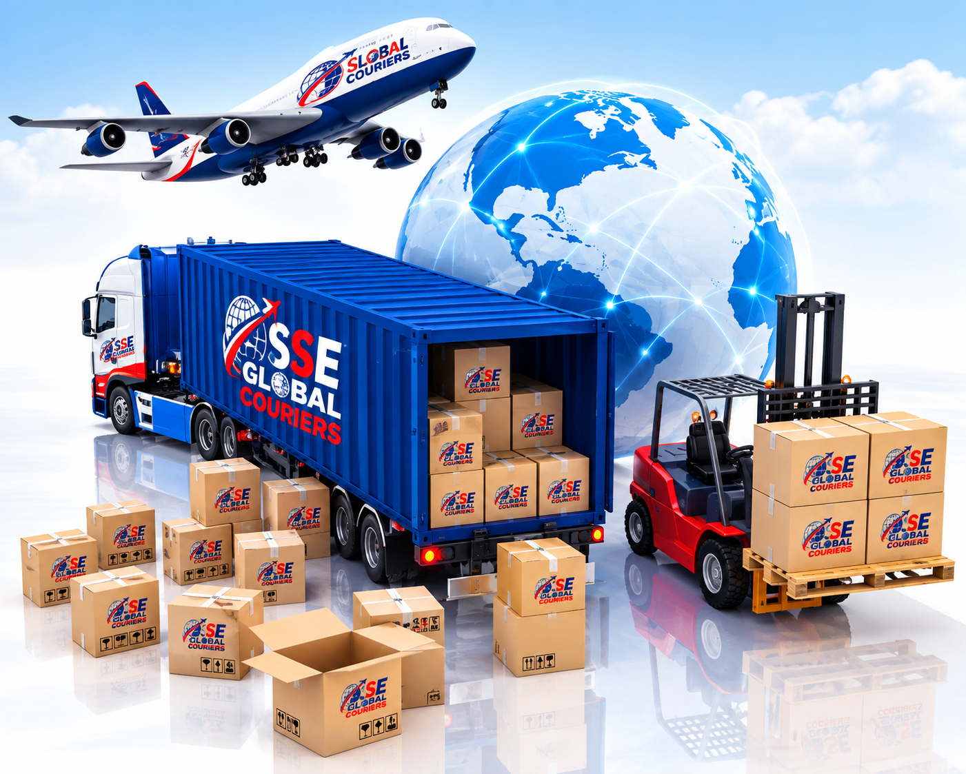 SSE Global Logistics - Cargo Airplane, Container Truck, Globe & Forklift Banner